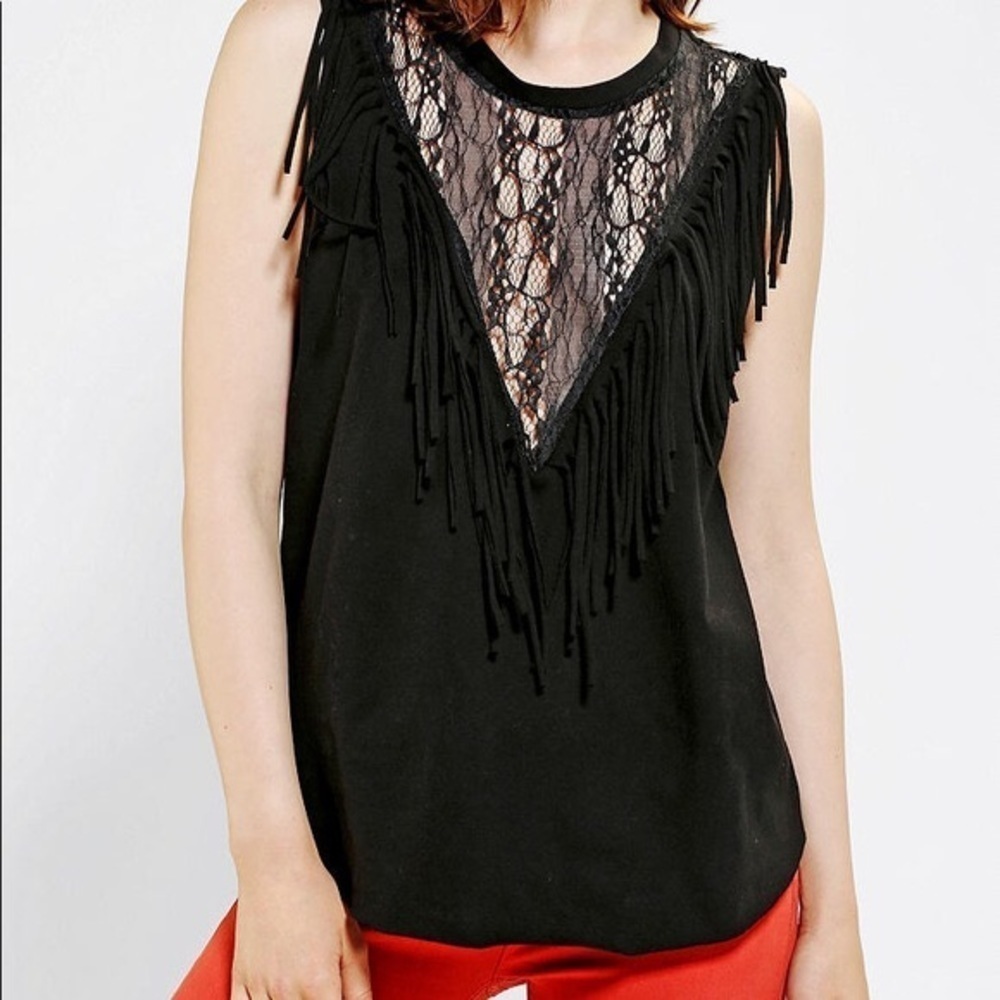 Urban Renewal + UO Black Fringed Lacey V-Neck Top